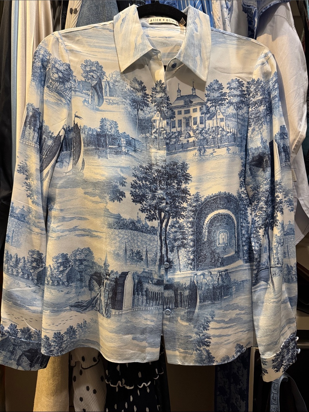 Alice + Olivia WILLA Blue and White Toile Button-Down Shirt